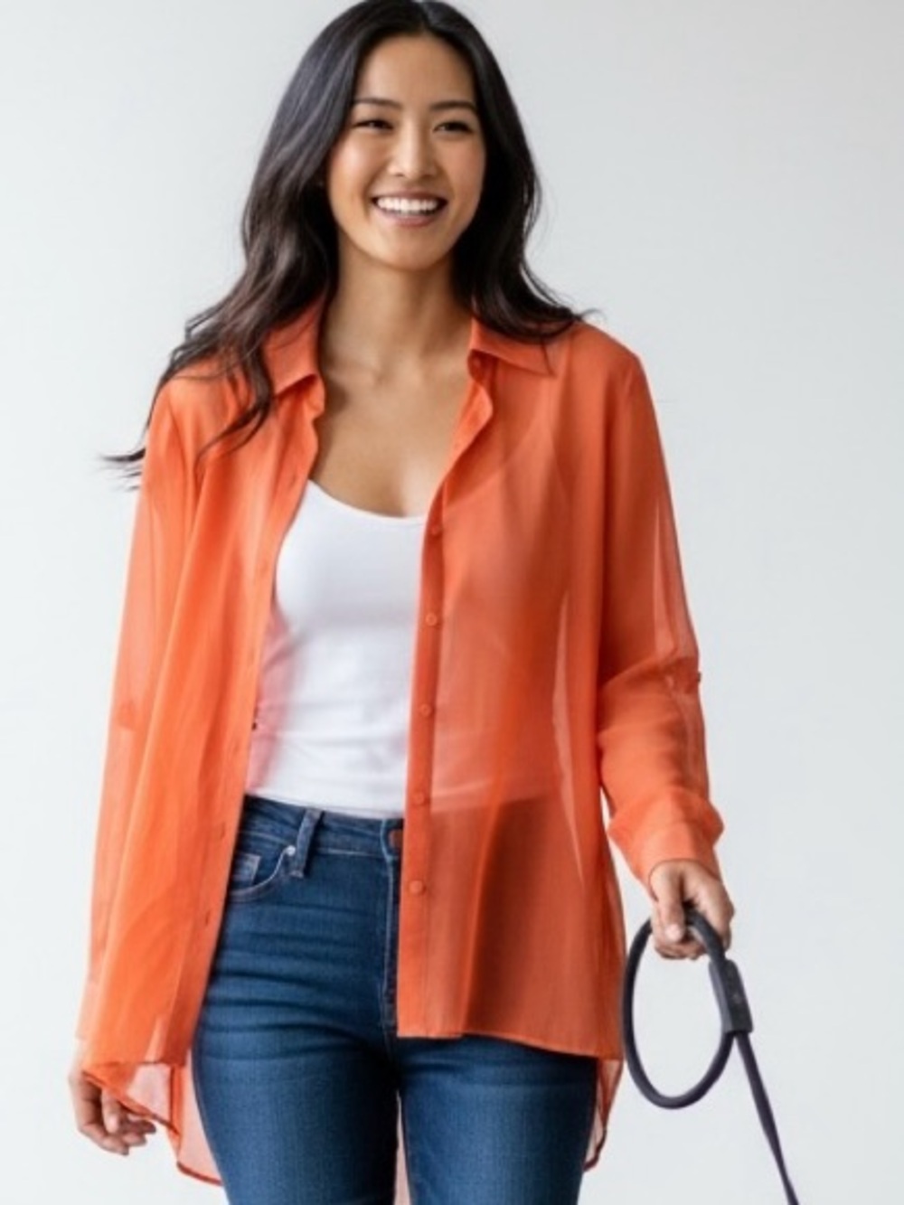 Alice + Olivia Sheer Oversized Button Down Blouse Size M | Coral Orange